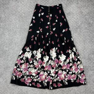 Raga Skirt Womens Small Black Floral Maxi Boho Button Front India Viscose S